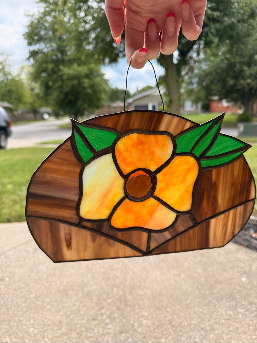 ⚡️SALE⚡️🌼 Vintage Stained Glass Hanging Panel Sun Catcher - Yellow Orange Flower - Picture 9 of 10